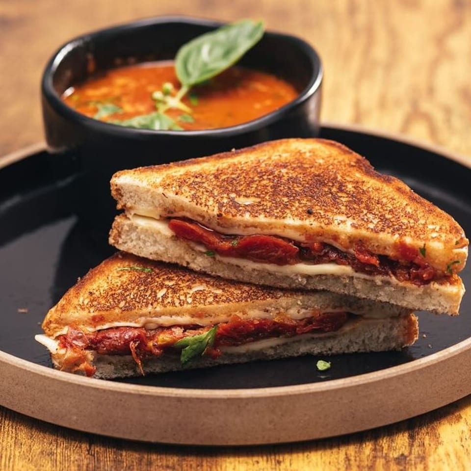 Grilled cheese sandwiches with sun-dried tomatoes and a side of tomato soup with basil.
