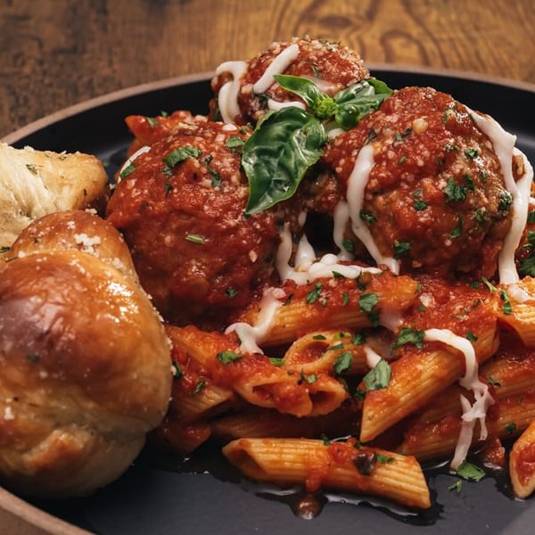 Hot Tomatoes' penne pasta with meatballs, marinara, cheese, basil, and garlic knots on a dark plate.