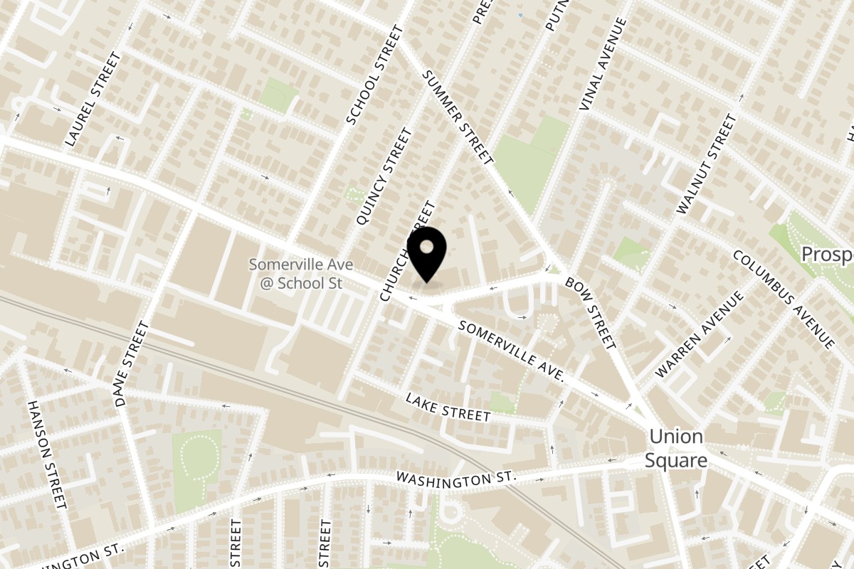Map showing the location of Hot Tomatoes on 77 Bow St in Somerville